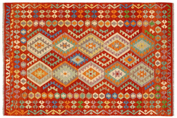 Flat Weave Kilim, Antique, Navaho, Vintage, Handmade, Geometric Kilim Rust Blue Hand-Woven Rectangle 100% Wool Area Rug 6 x 8
